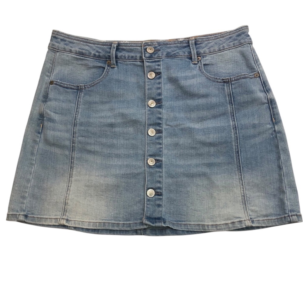 American Eagle Denim Buttonfront Mini Skirt Sz 14 High Rise A-Line Light Wash